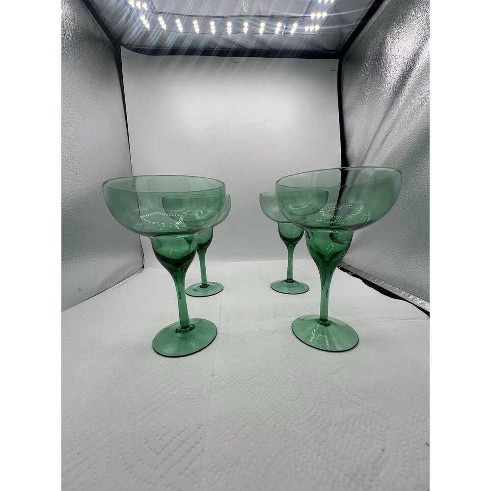 Set of 4 Hand Blown Green Margarita Glasses Art Glass Coupe Goblets 7.25”